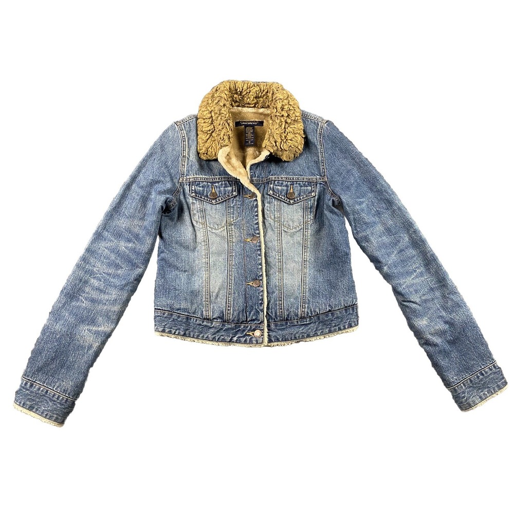 Vtg Abercrombie Fitch Denim Trucker Jacket Sherpa Fur Collar Ladies M Denim